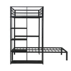 Metal Loft Bed Frame with LED Light Strip, Side Storage Shelves & Built-in Desk