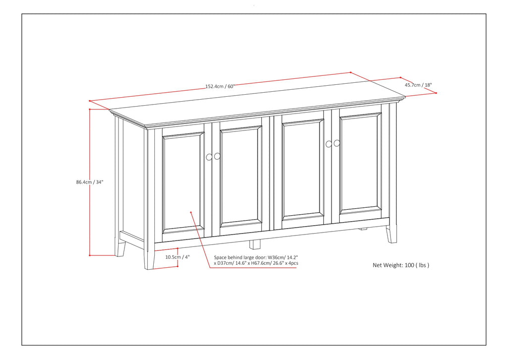 Amherst 66 Inch Wide Solid Wood Transitional 4 Door Storage Cabinet in Hickory