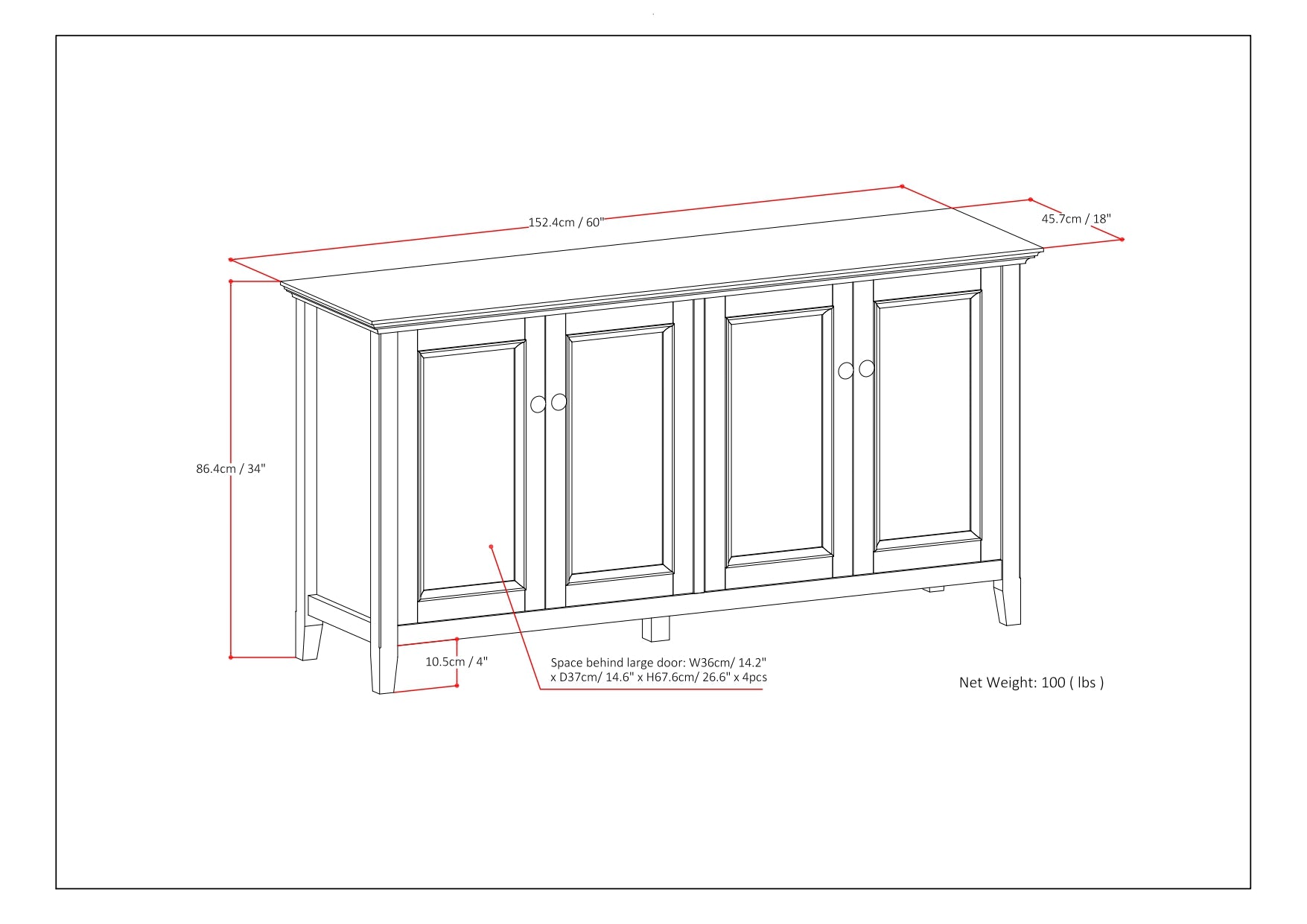 Amherst 66 Inch Wide Solid Wood Transitional 4 Door Storage Cabinet in Hickory