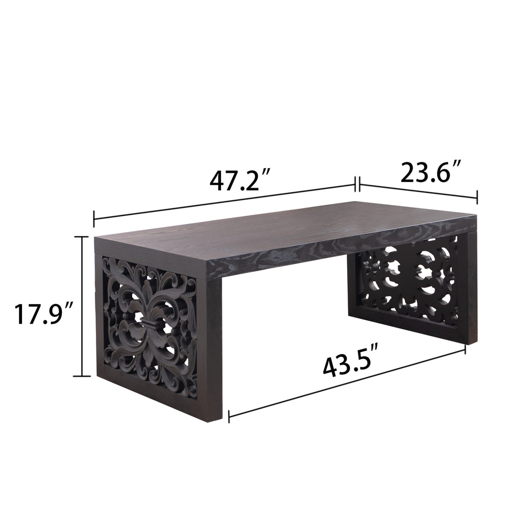 47.2" Solid Black Carved Wood Coffee Table