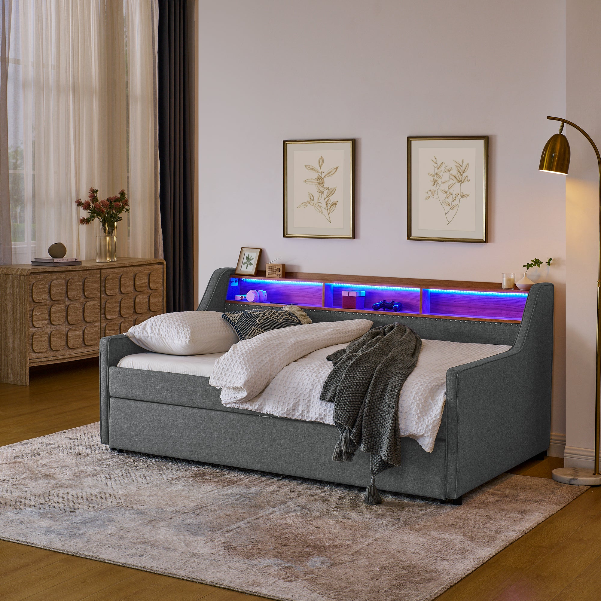 Twin Size Upholstery Sofa Bed with LED Lights