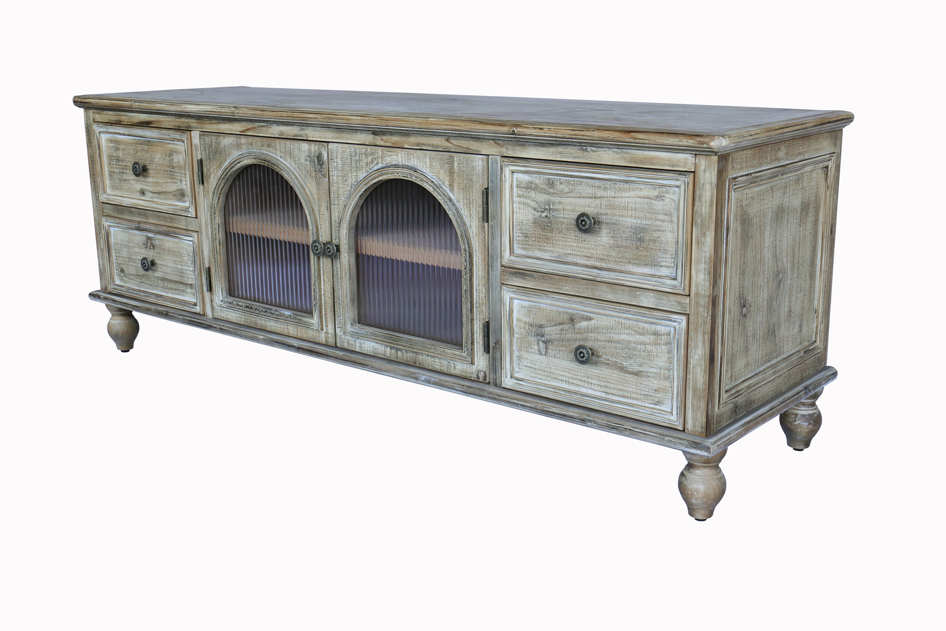 60" Farmhouse TV Stand with 4 Drawers & 2 Glass Doors