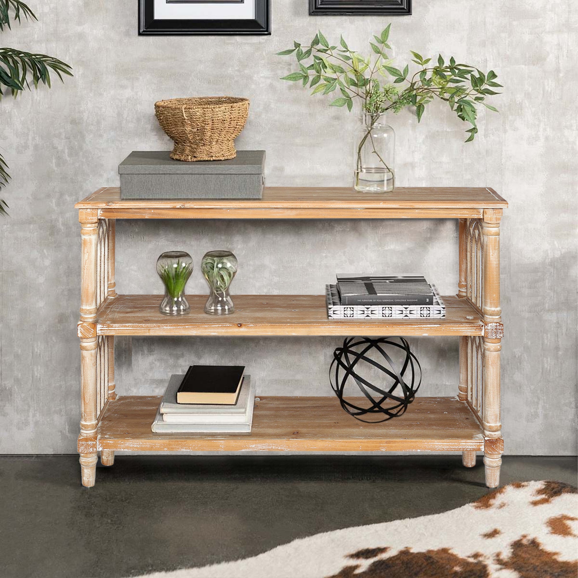 Rustic 3-Tier Console Table with Gothic-Inspired Details