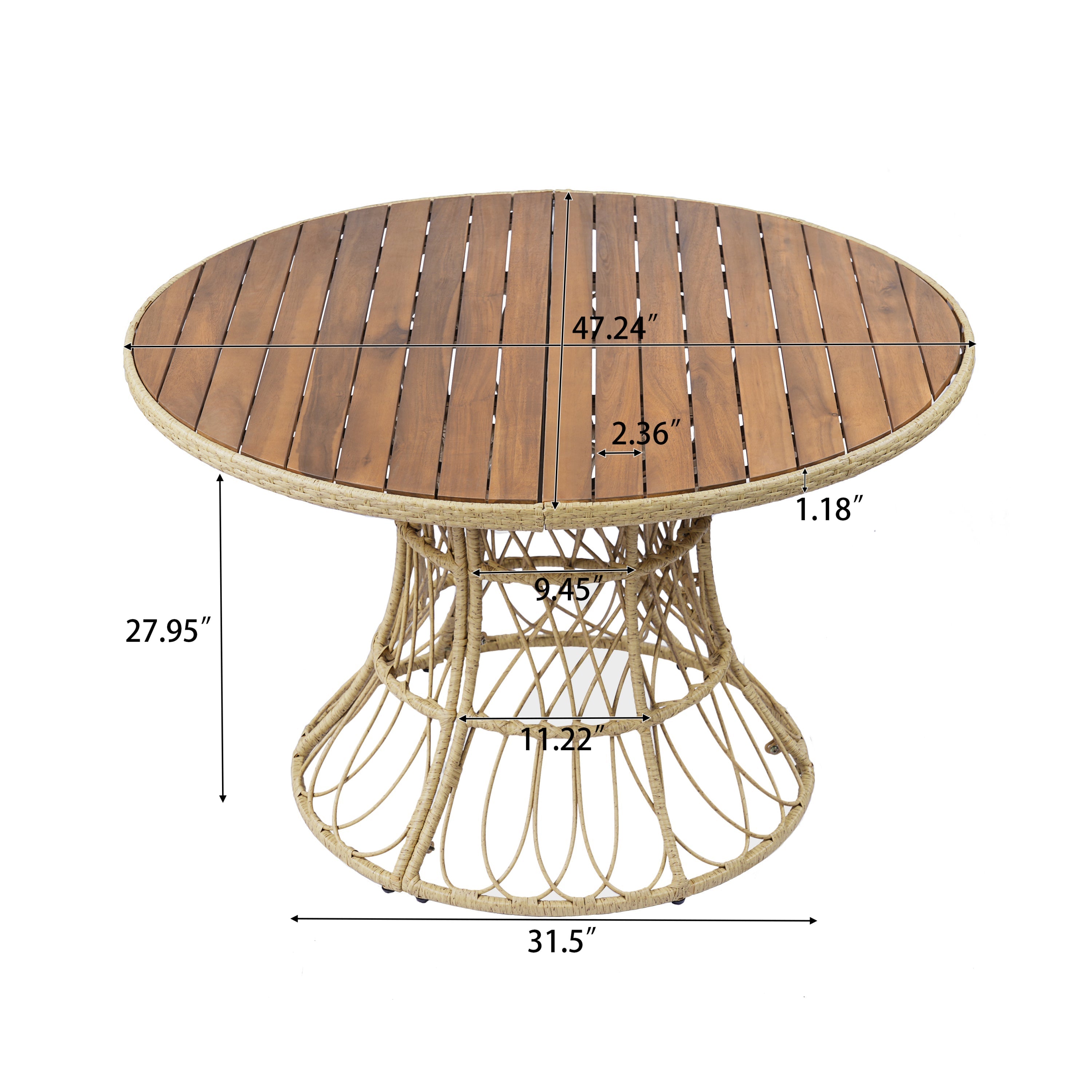 5-Piece Outdoor Dining Set: Teak Finish Round Acacia Wood Table & 4 Wicker Armchairs