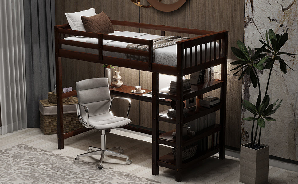 Twin Size Loft Bed with Storage Shelves and LED