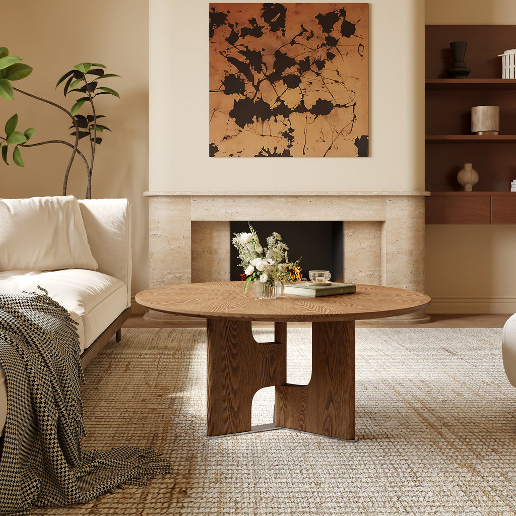 31.5 Inches Round Rustic Ash Wood Veneer Coffee Table