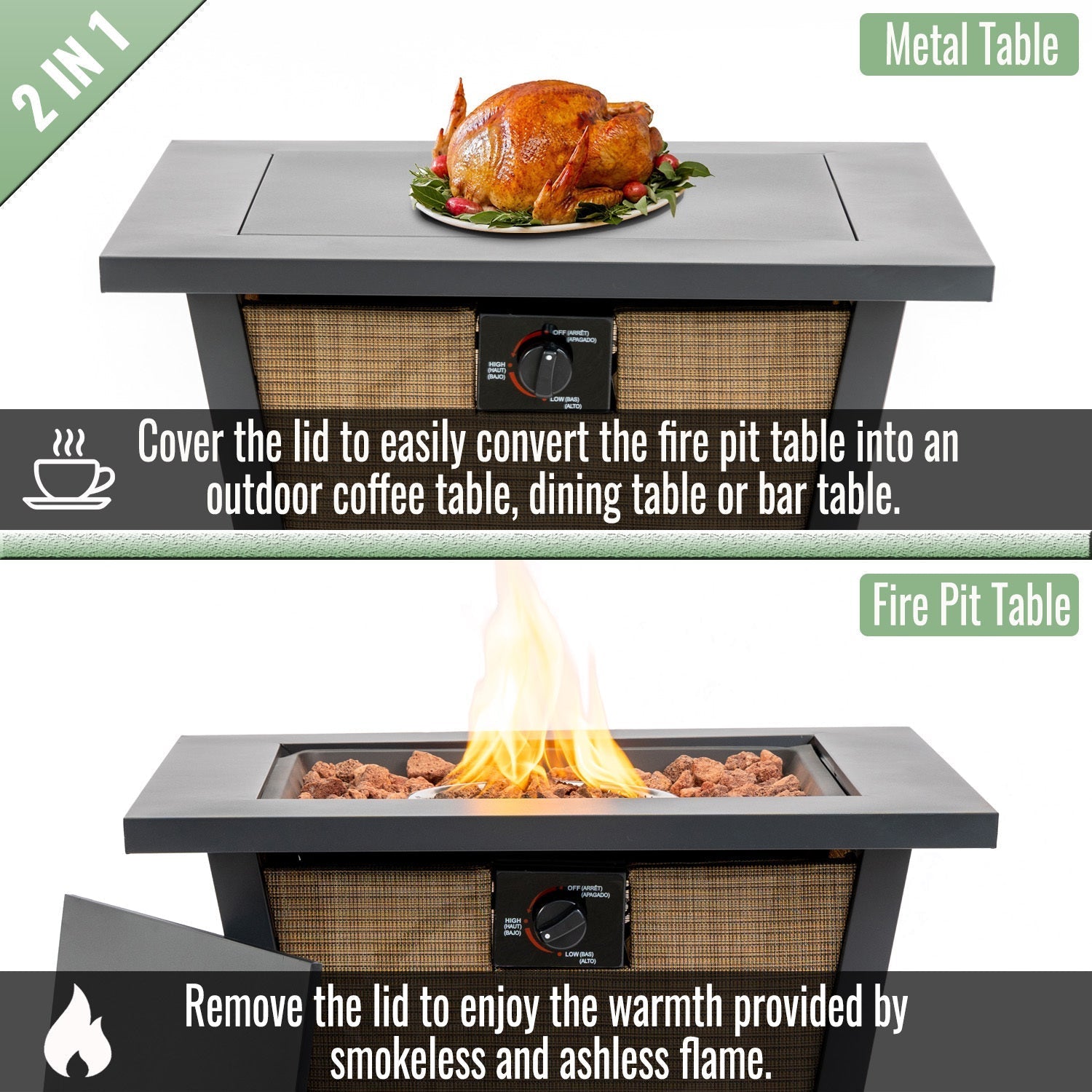 28" Propane Gas Fire Pit Table - 50000 BTU Square Steel Fire Pit