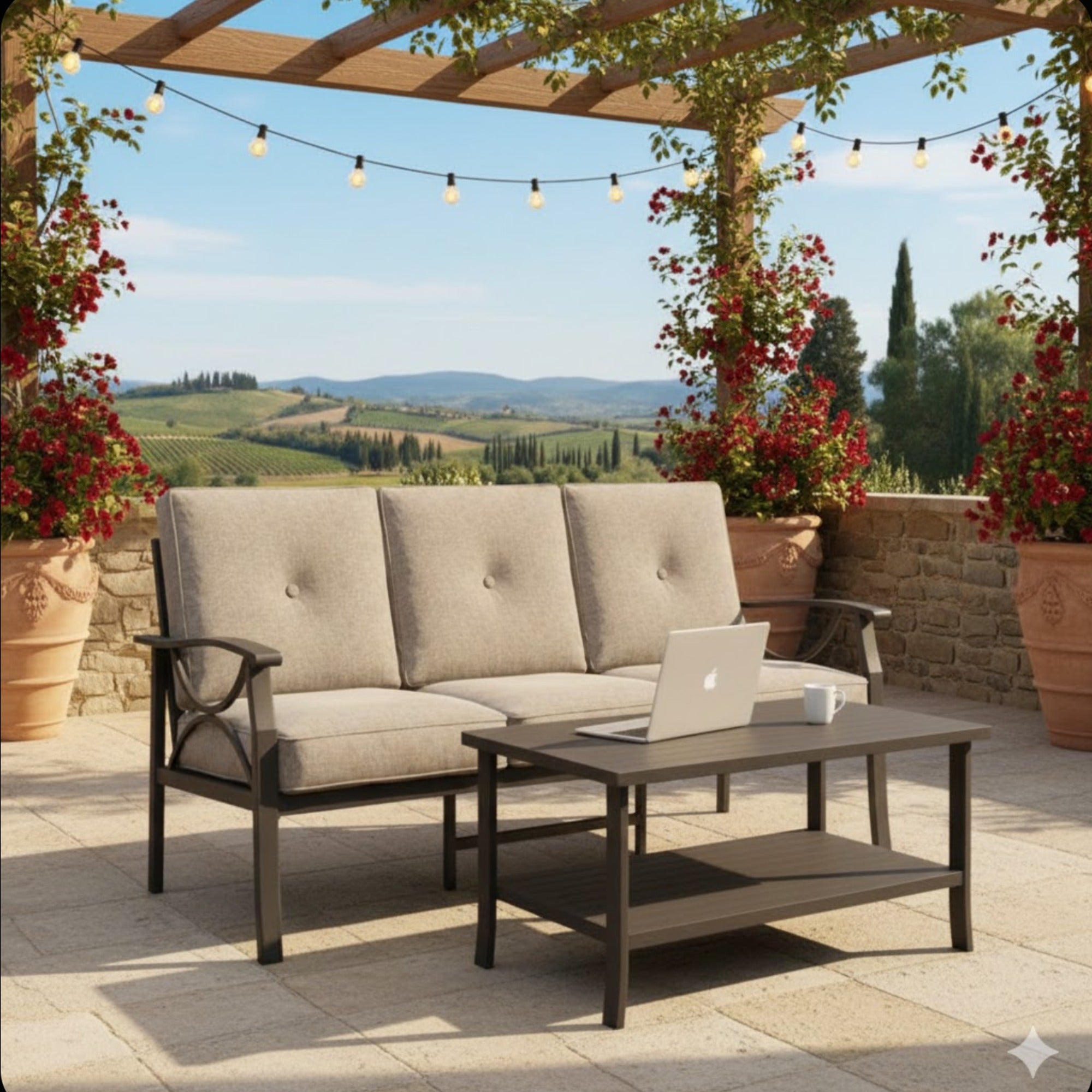 2 Piece Outdoor Patio Set, 70 Inches All-Weather Metal 3-Seat Sofa and Coffee Table