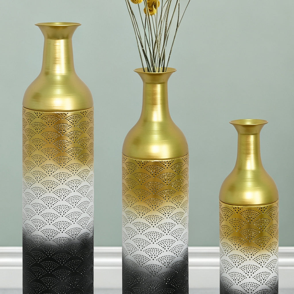 Decorative Metal Vases Set of 3, Leaf Pattern Floor Vases
