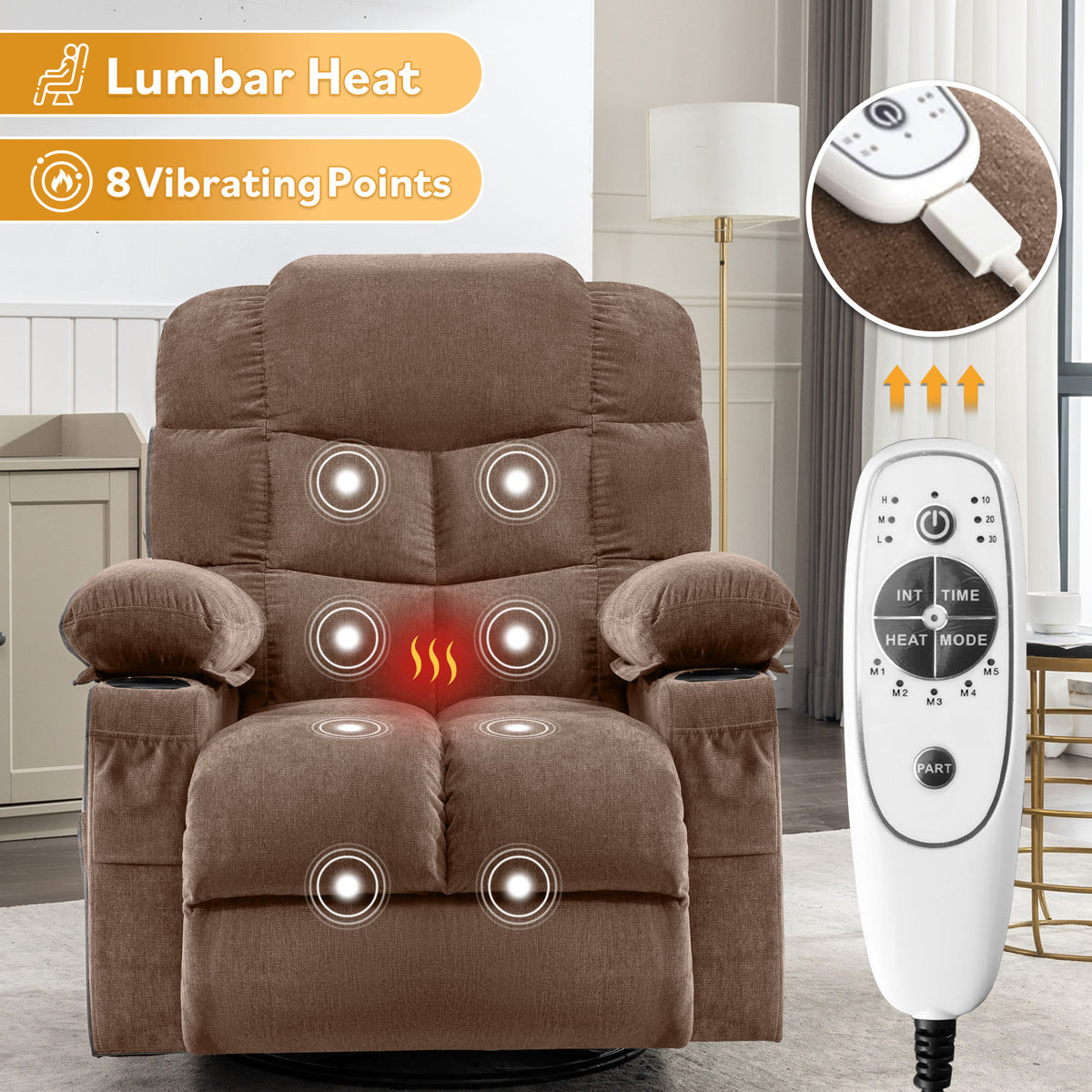 Oversized Massage Swivel Recliner Chair with Lumbar Heating for Living Room Rocker Recliner with Cup Holders and USB Charge Port, for Adult