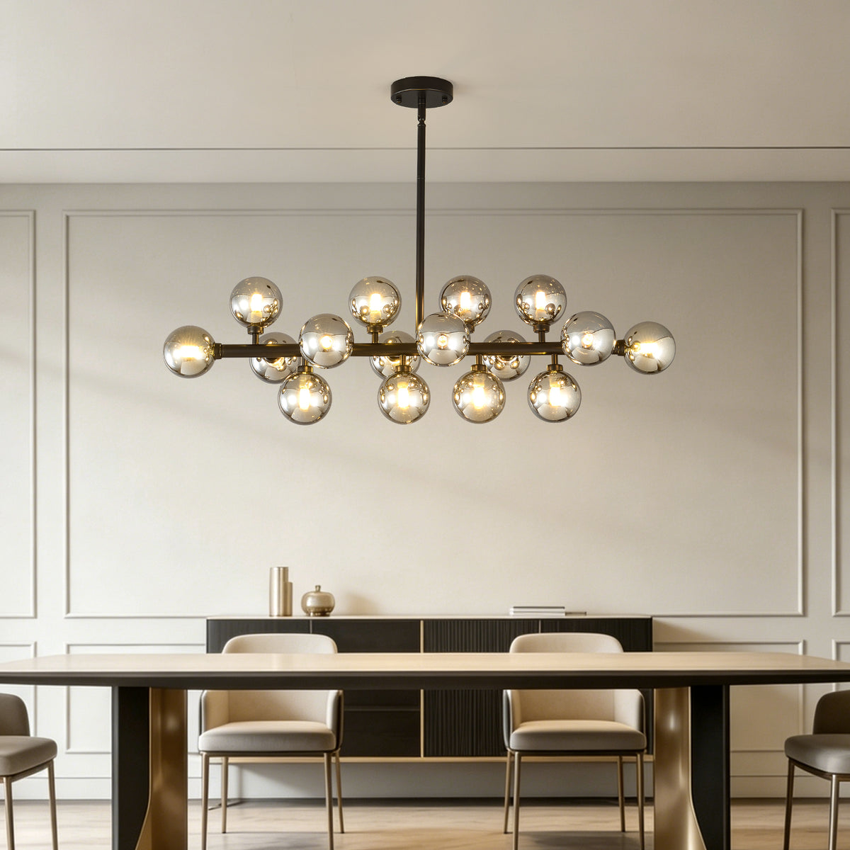 Pendant Lamp with Smoke Grey Glass Shade, 16-Light, Matte Black