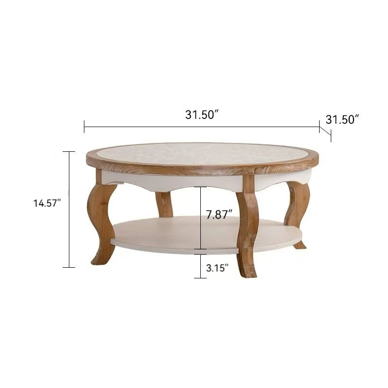 31.5-Inch Round Coffee Table with Open Storage, Solid Wood, Farmhouse Style, Antique White