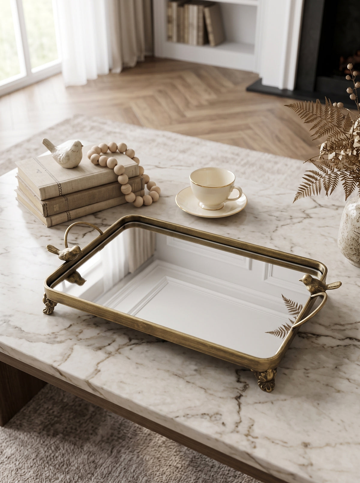 16.3x9.8x3.7" Metal Bird-Accented Mirrored Tray