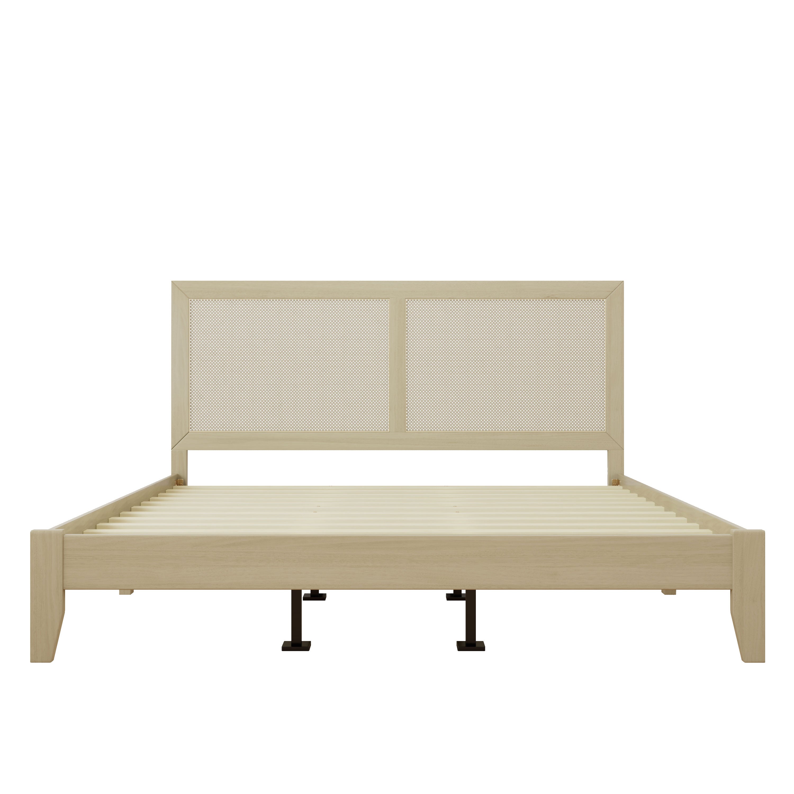 Solid Wood Platform California King Bed With Rattan