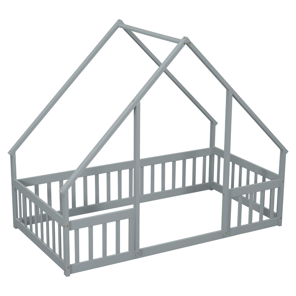 Twin Wood House-Shaped Floor Bed with Fence, Guardrails