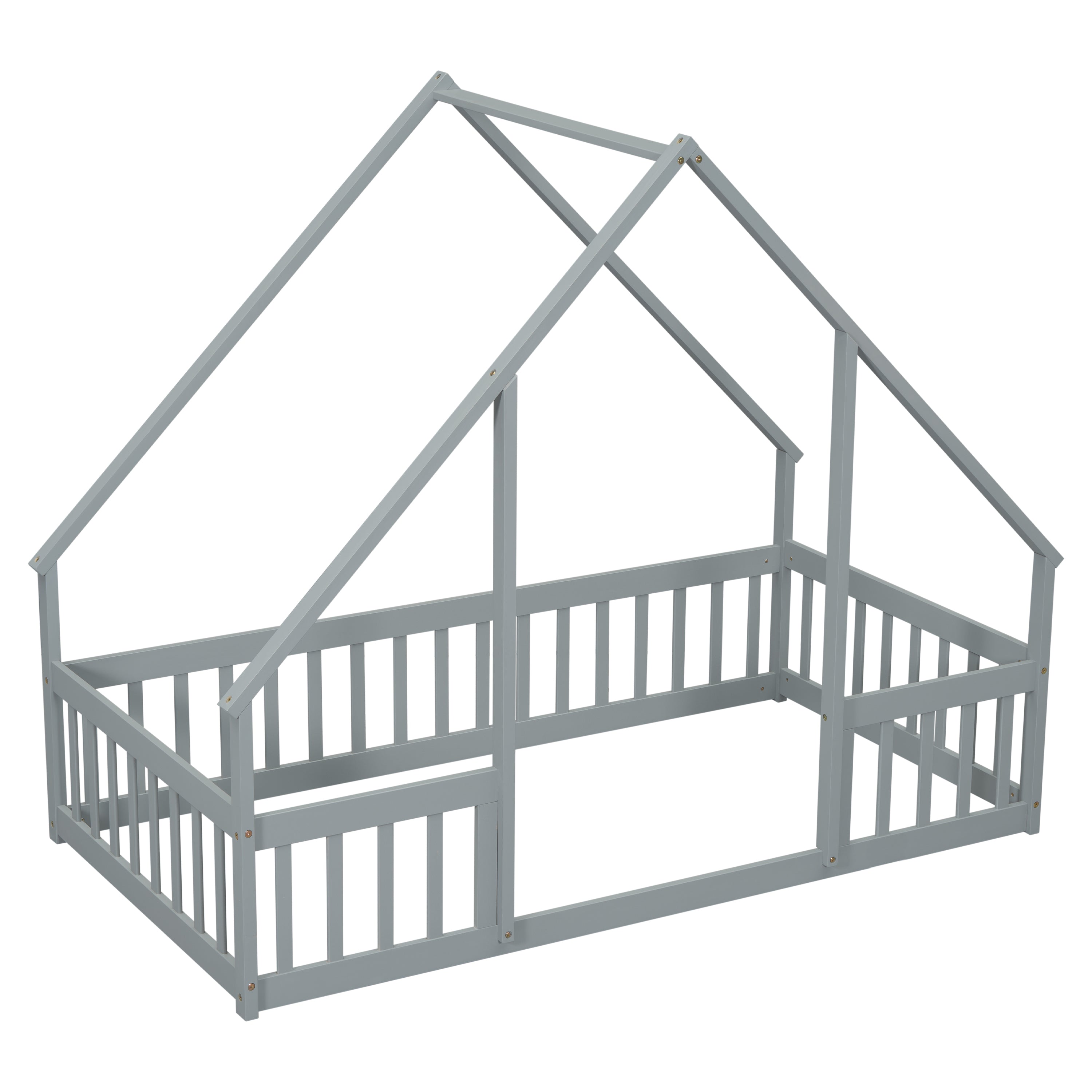 Twin Wood House-Shaped Floor Bed with Fence, Guardrails