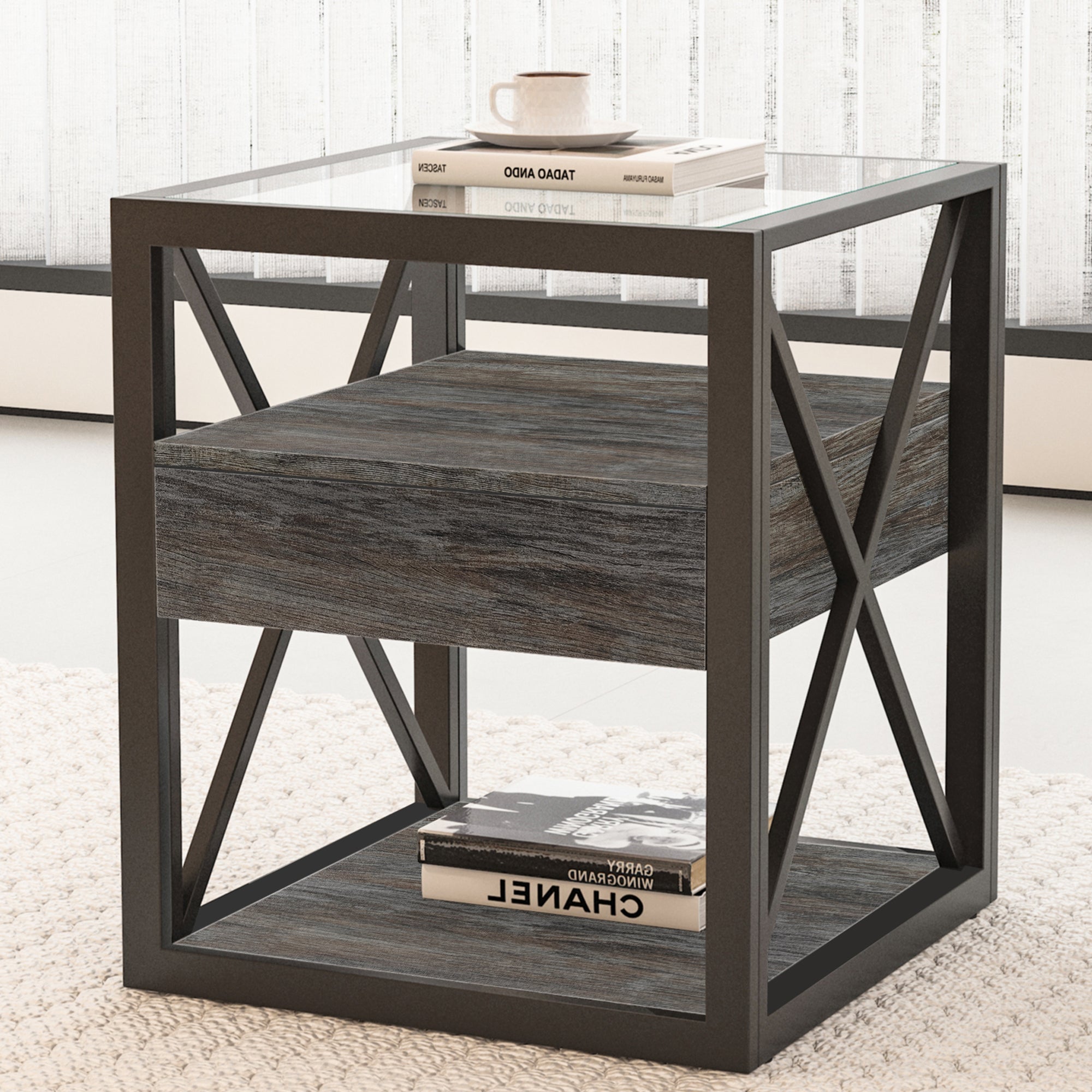 Set of 2 Modern End Table with Drawer