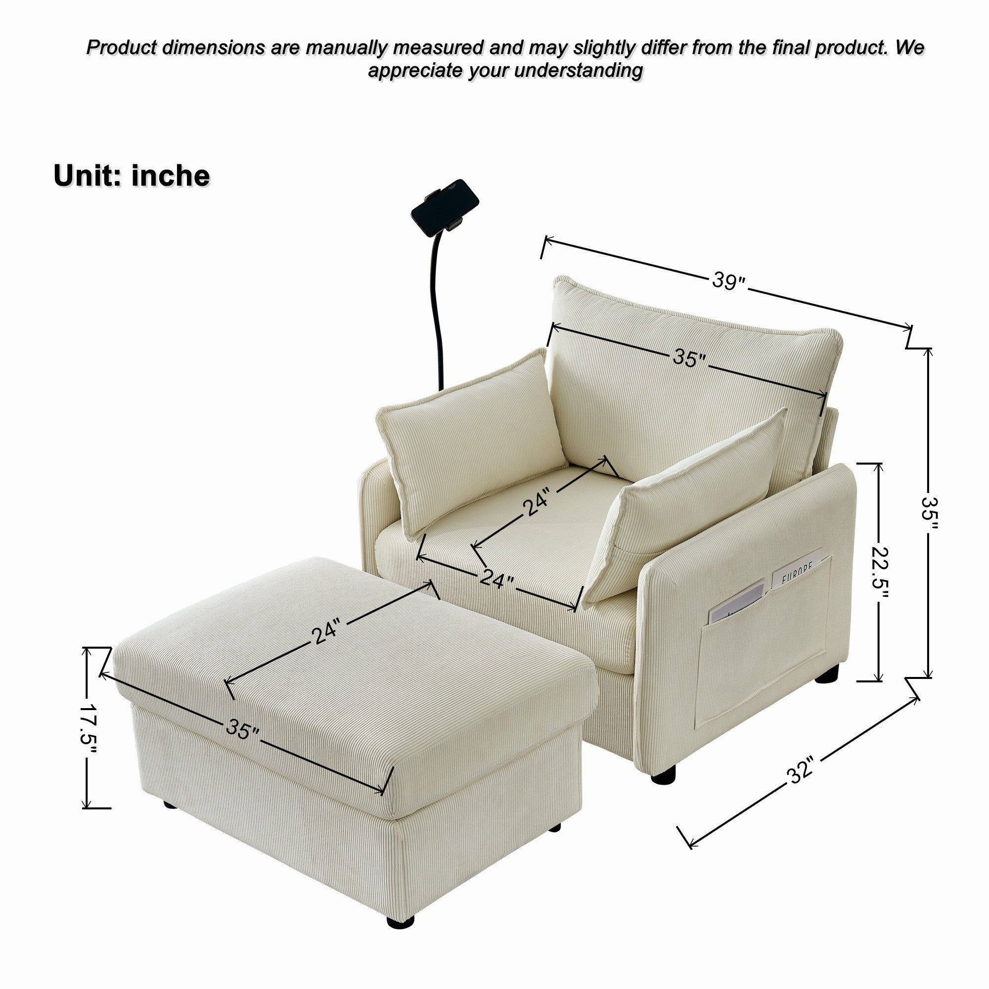 55" Oversized Chaise Lounge Chair Indoor with Ottoman and Storage