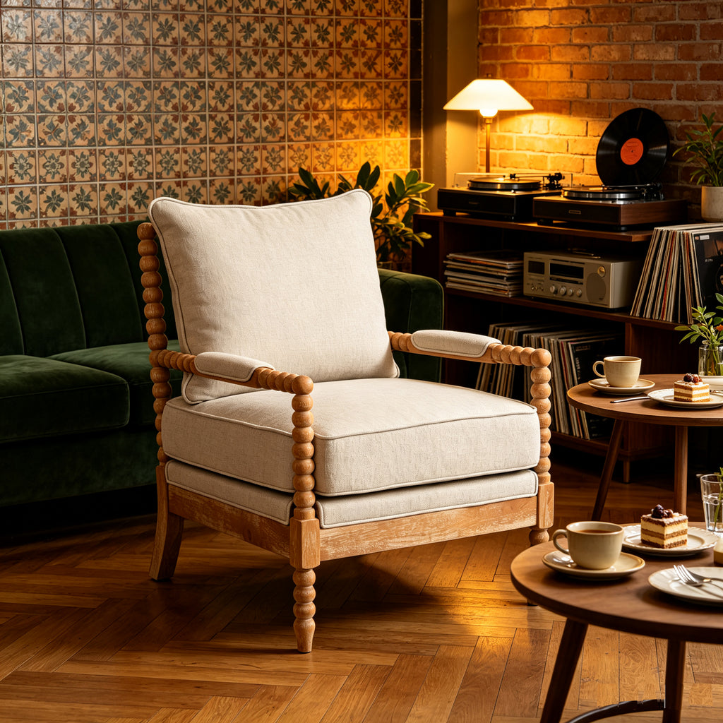 Rubber Wood Accent Chair - Upholstered Fabric Living Room Chair