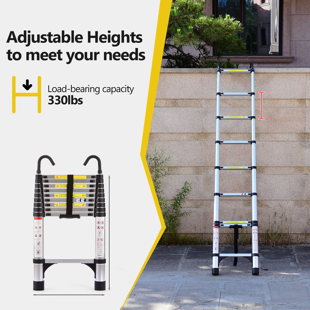 10.5-Foot Retractable Aluminum Ladder with Safety Locks and Hooks, Antique Silver