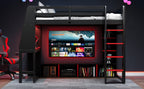 Wood Full Size Gaming Loft Bed with Desk, Multi-storage Shelves, LED and a Hanging Clothes Rack