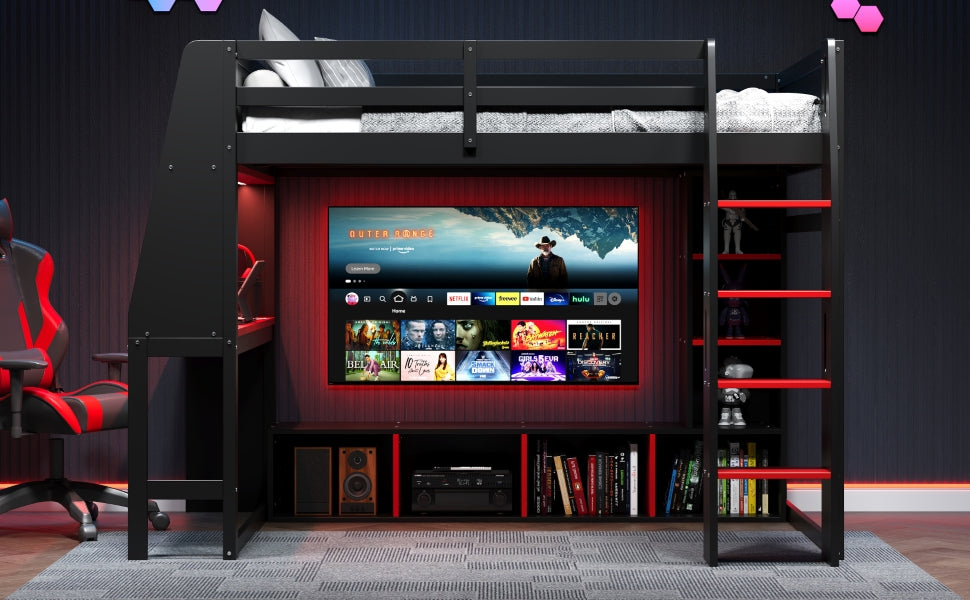 Wood Full Size Gaming Loft Bed with Desk, Multi-storage Shelves, LED and a Hanging Clothes Rack