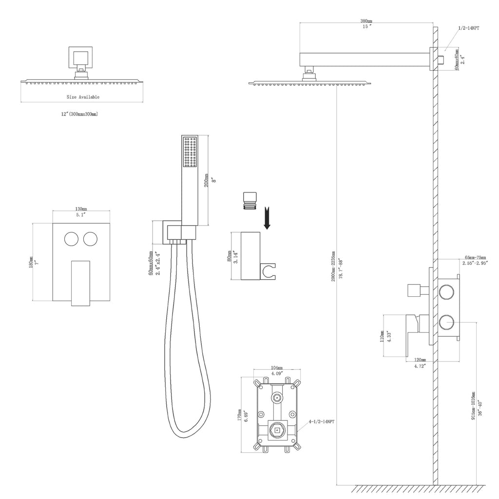 Dual Shower Head - 12 Inch Wall Mounted Square Shower System with Rough-in Valve, Matte