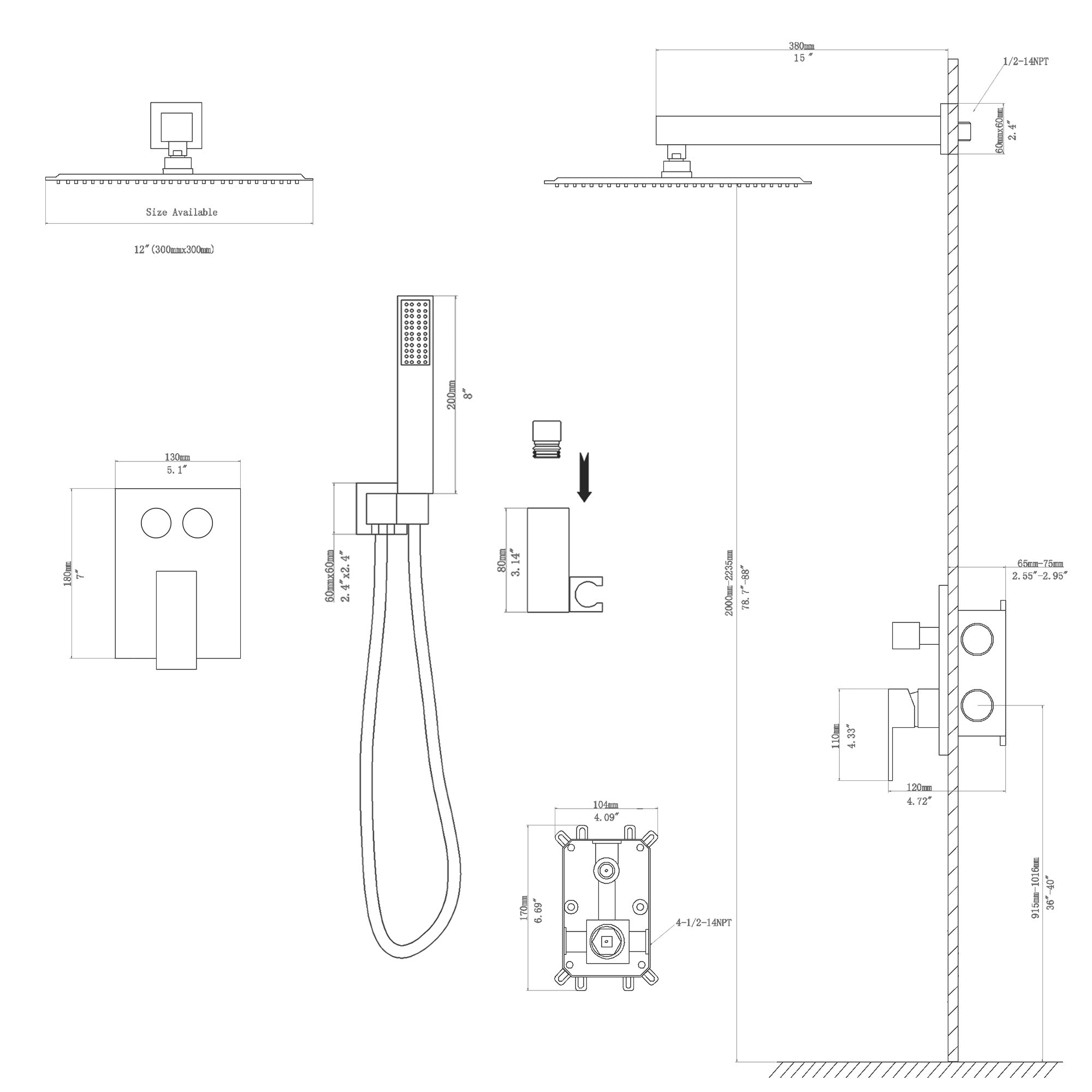 Dual Shower Head - 12 Inch Wall Mounted Square Shower System with Rough-in Valve, Matte