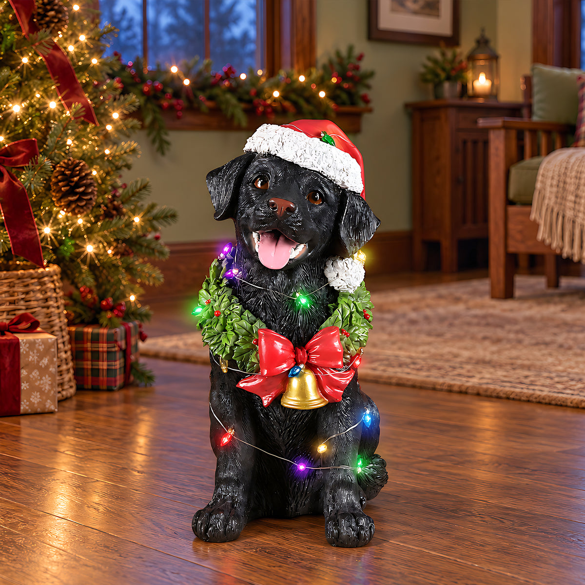 Lighted Christmas Labrador Retriever Dog Statue, Santa Hat, Black