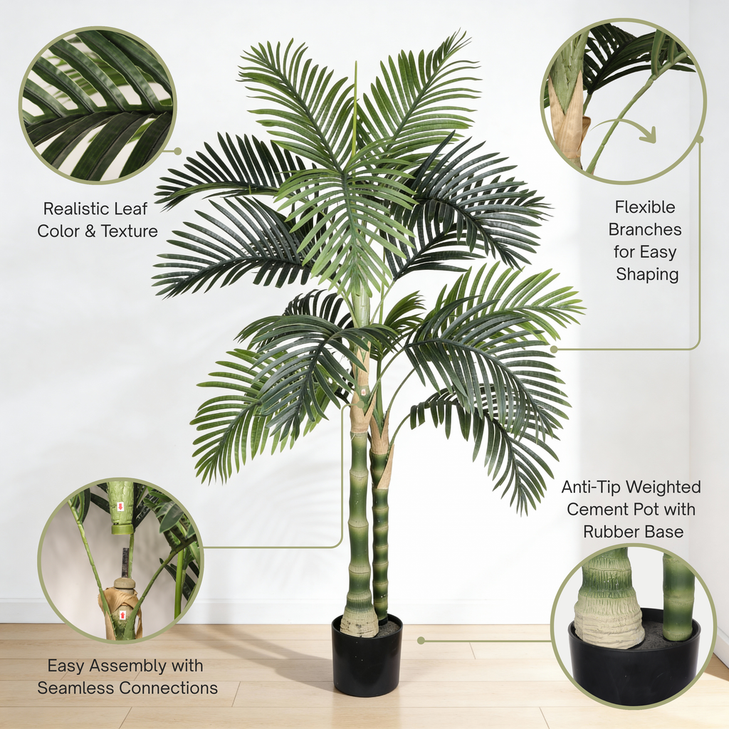 5FT Golden Cane Artificial Palm Tree with Black Plastic Pot, Green