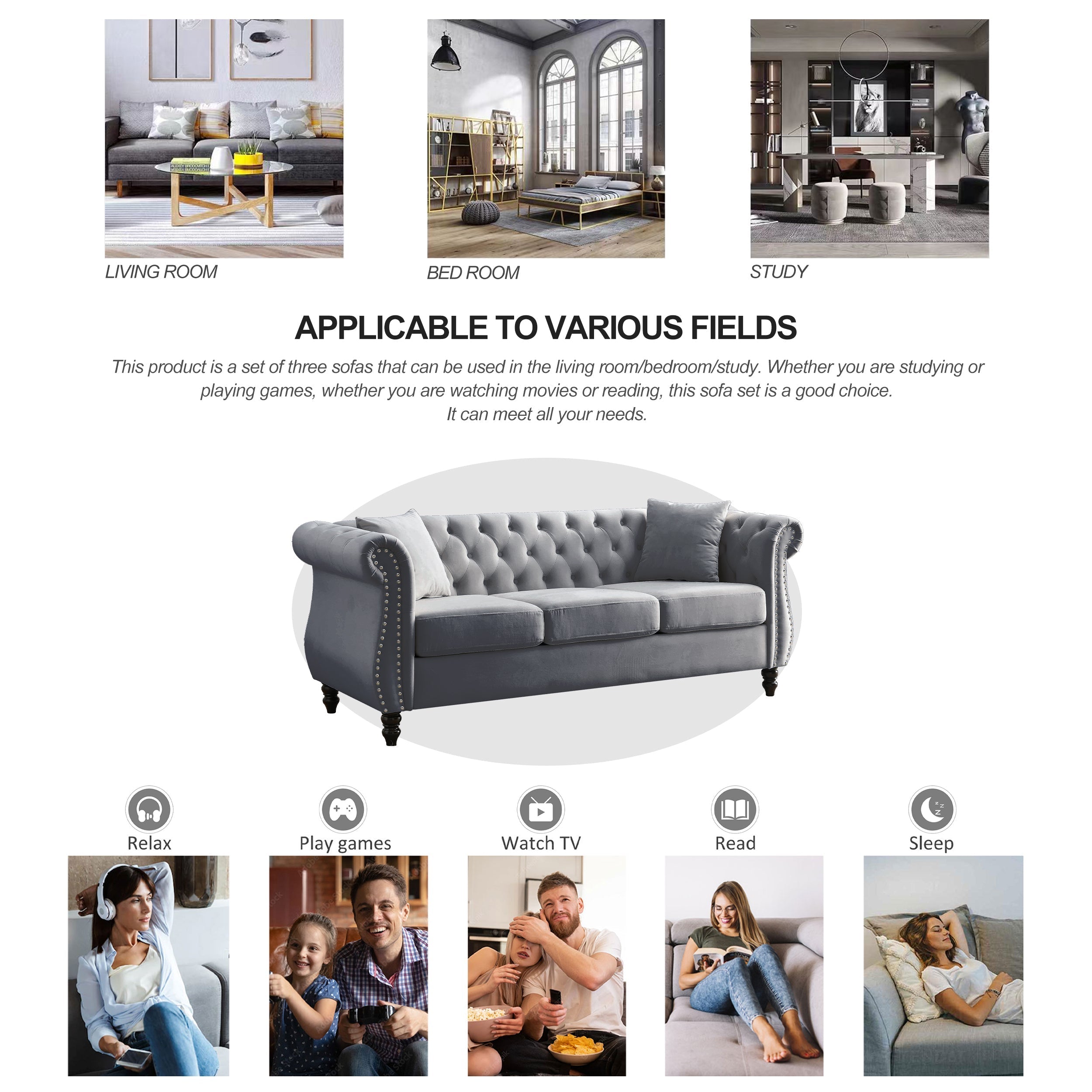 80" Grey Velvet Chesterfield Sofa