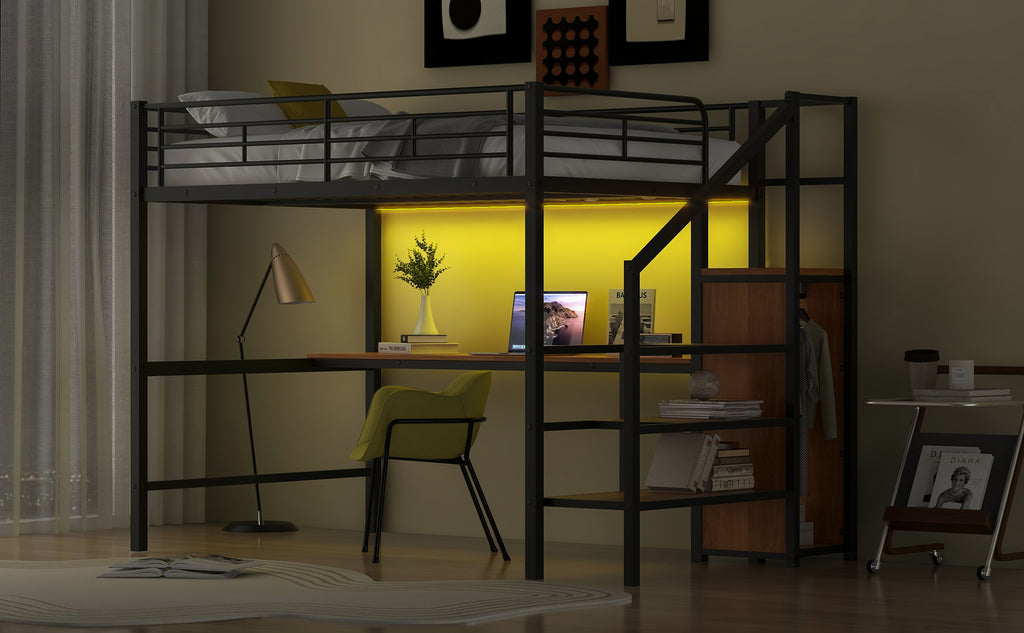 Full Size Metal Loft Bed with Desk, Storage Staircase, Small Wardrobe and LED Light