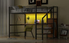 Full Size Metal Loft Bed with Desk, Storage Staircase, Small Wardrobe and LED Light