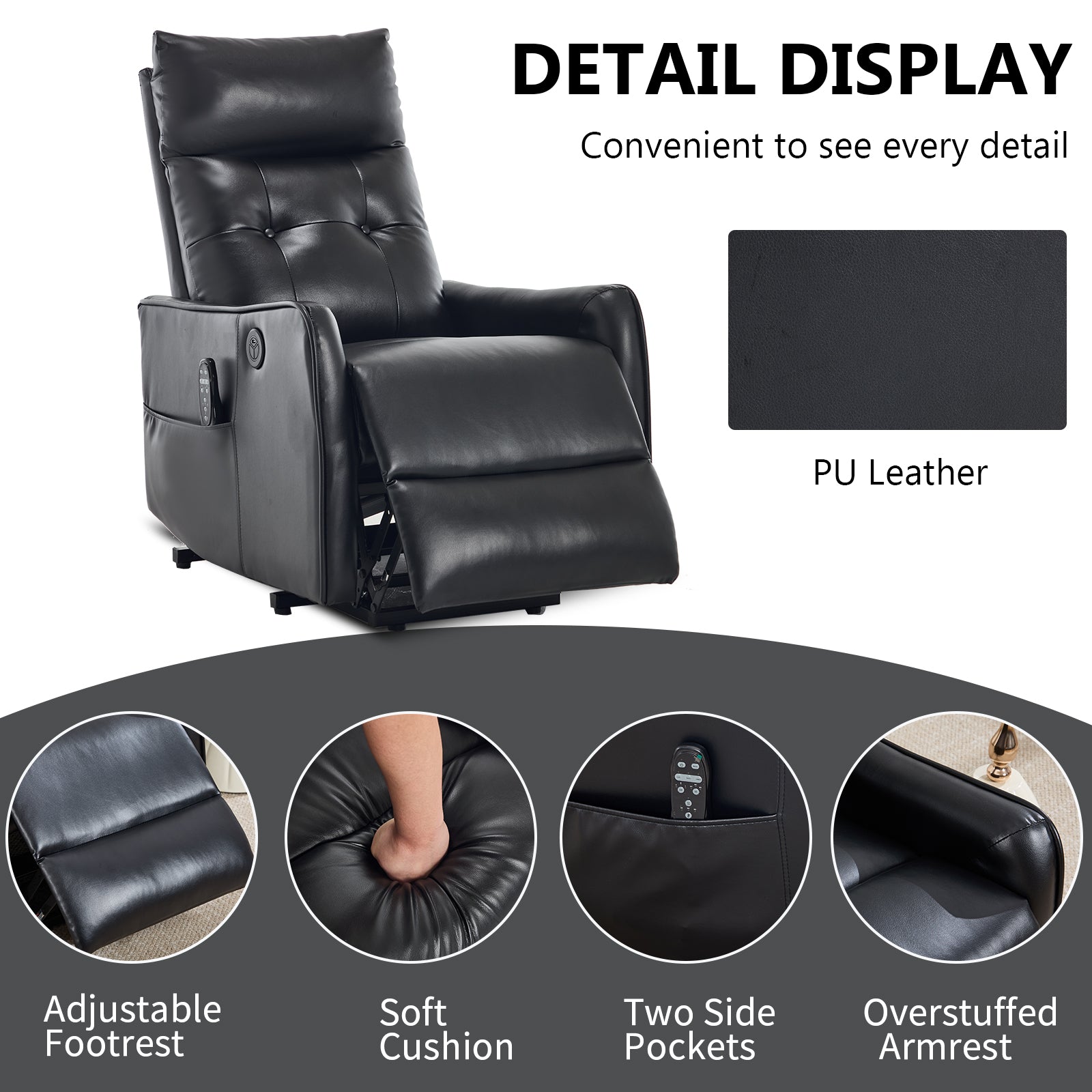 Black PU Single Motor Power Lift Recliner Chair with Massage and Heat
