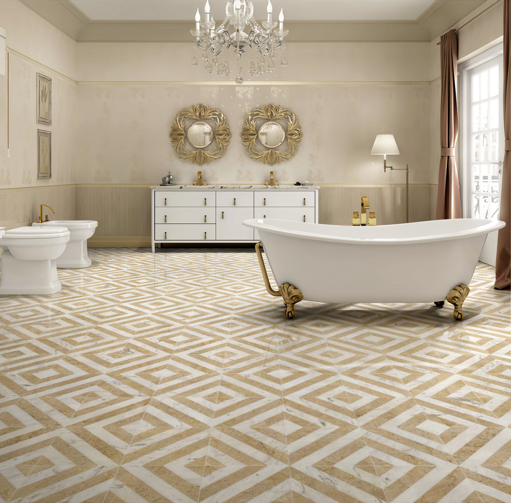12x12 White Gold Two Color Waterjet Marble Tile