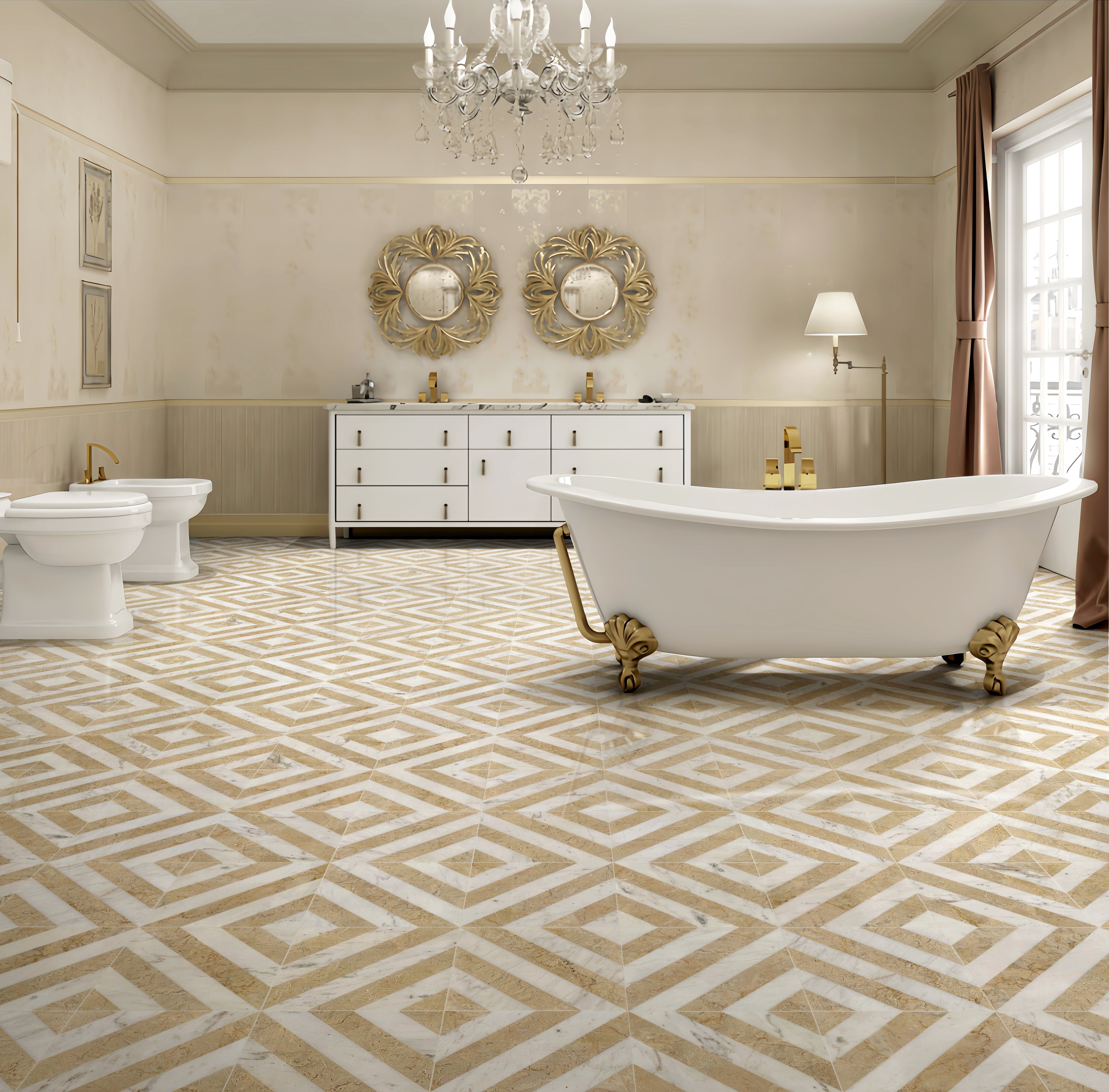 12x12 White Gold Two Color Waterjet Marble Tile
