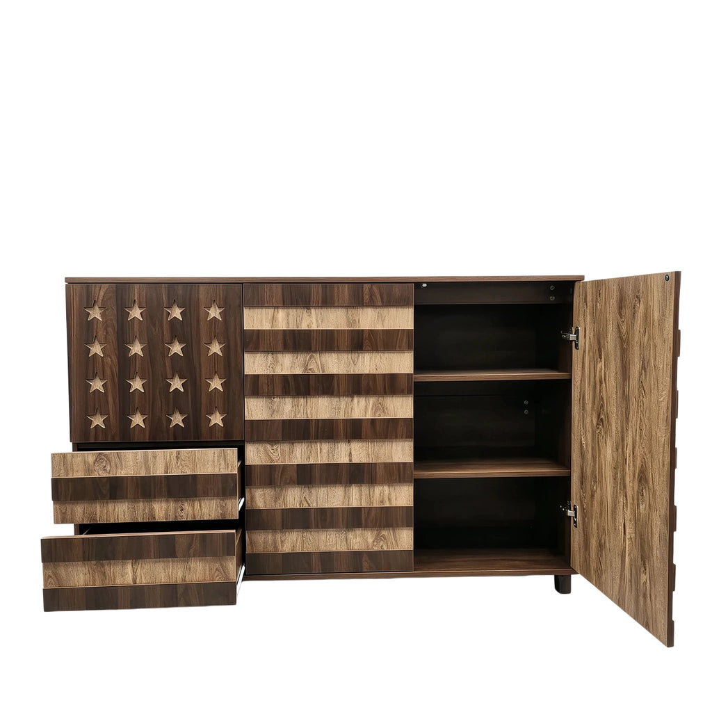 55-Inch Two-Tone Wood Sideboard Buffet Cabinet, Star-Cutout Design, Natural Walnut