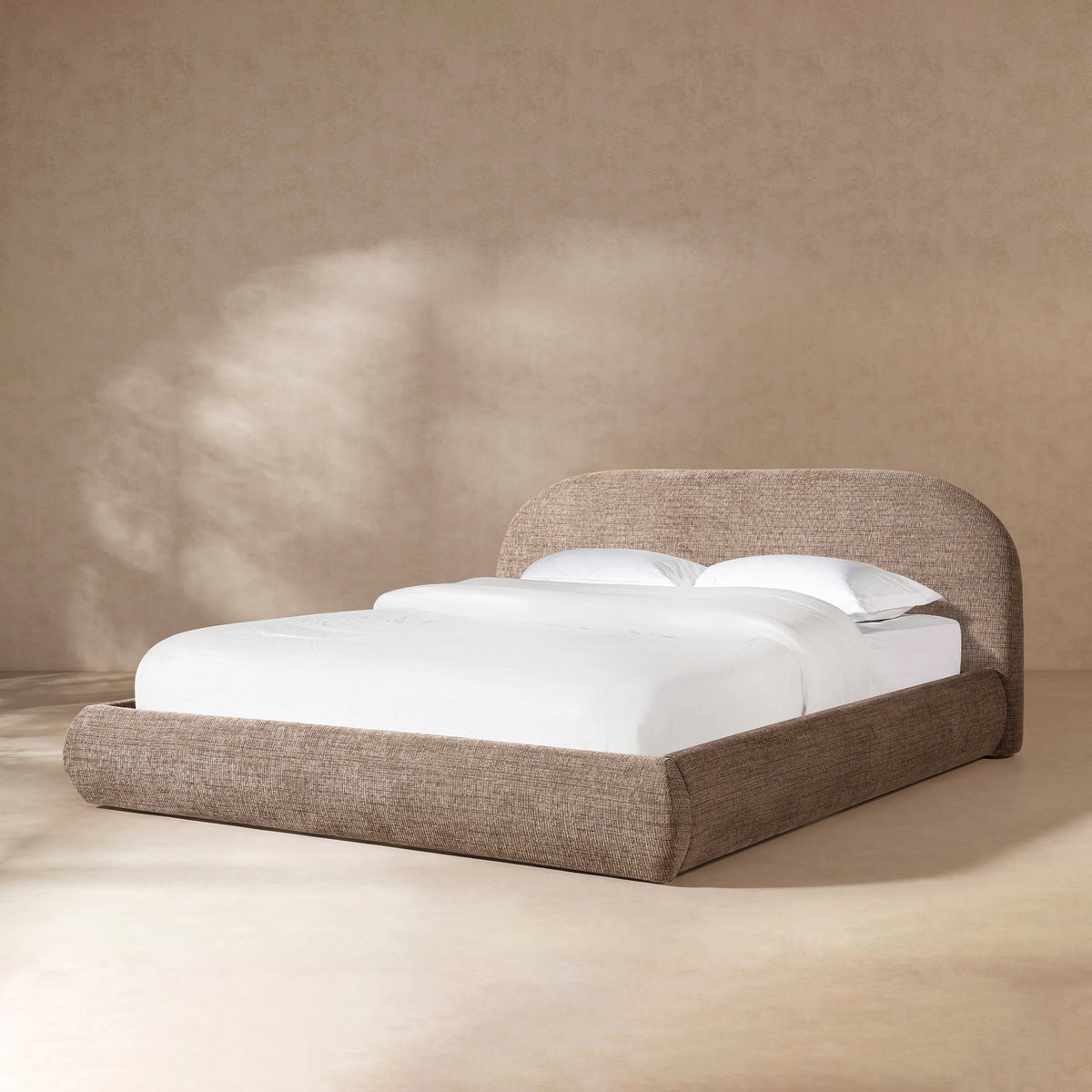Archie Puffy Grounded Upholstered Platform Bed, King, Taupe