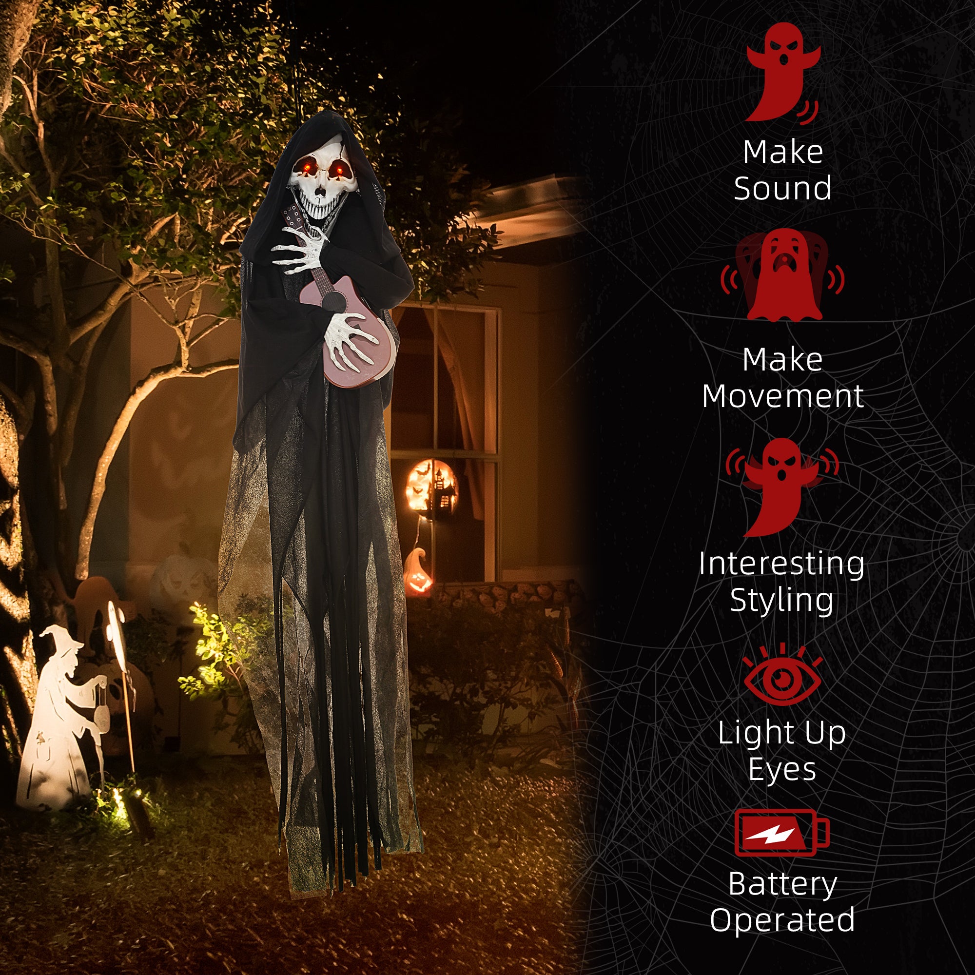 HOMCOM 4.3' Outdoor Halloween Decoration Animatronic Guitar-playing Grim Reaper
