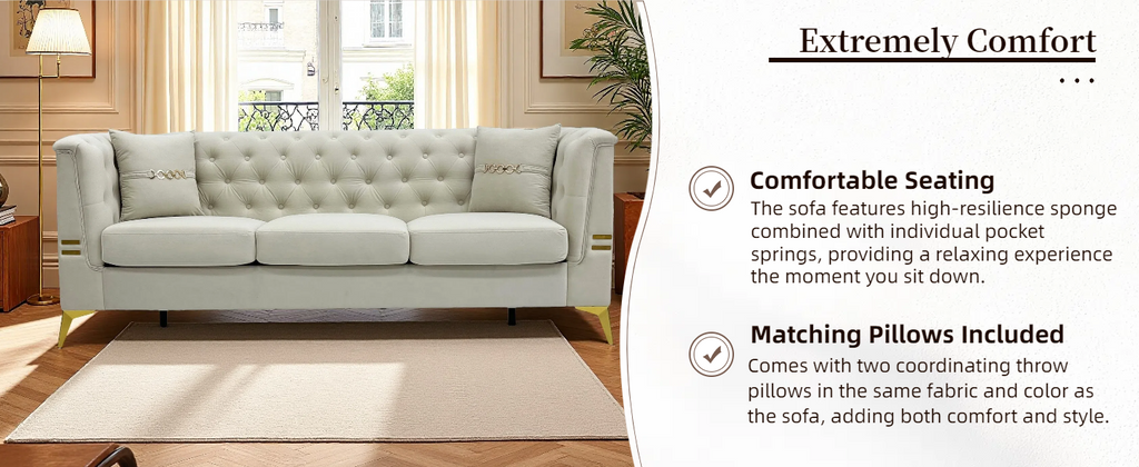 Modern Tufted Velvet Sofa with Pillows