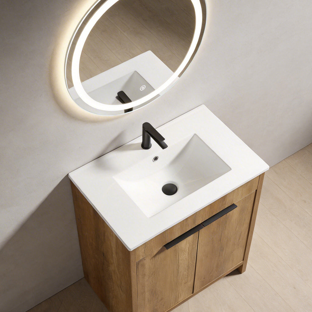 30-Inch Floor-Standing Bathroom Vanity with 3D Grooved Panel and Integrated Ceramic Sink