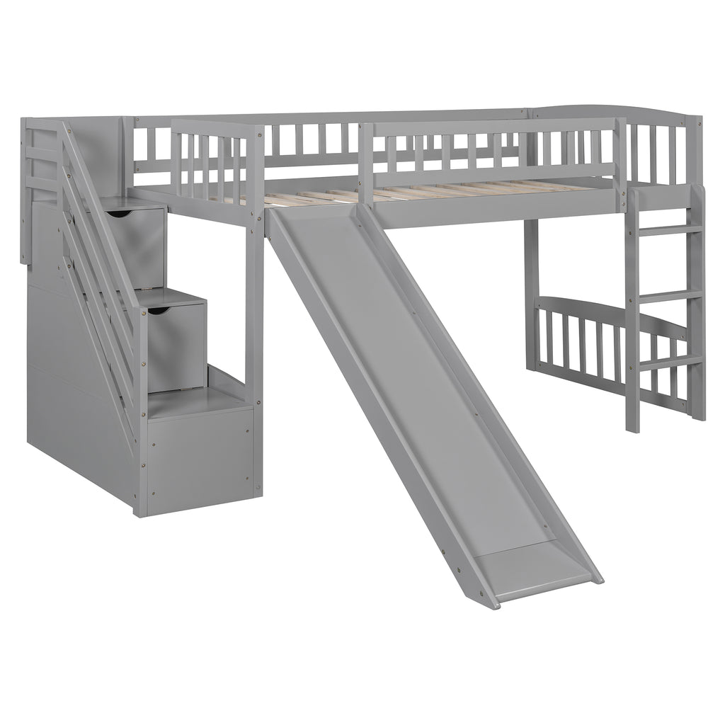Stairway Twin Size Loft Bed with Two Drawers and Slide, Gray
