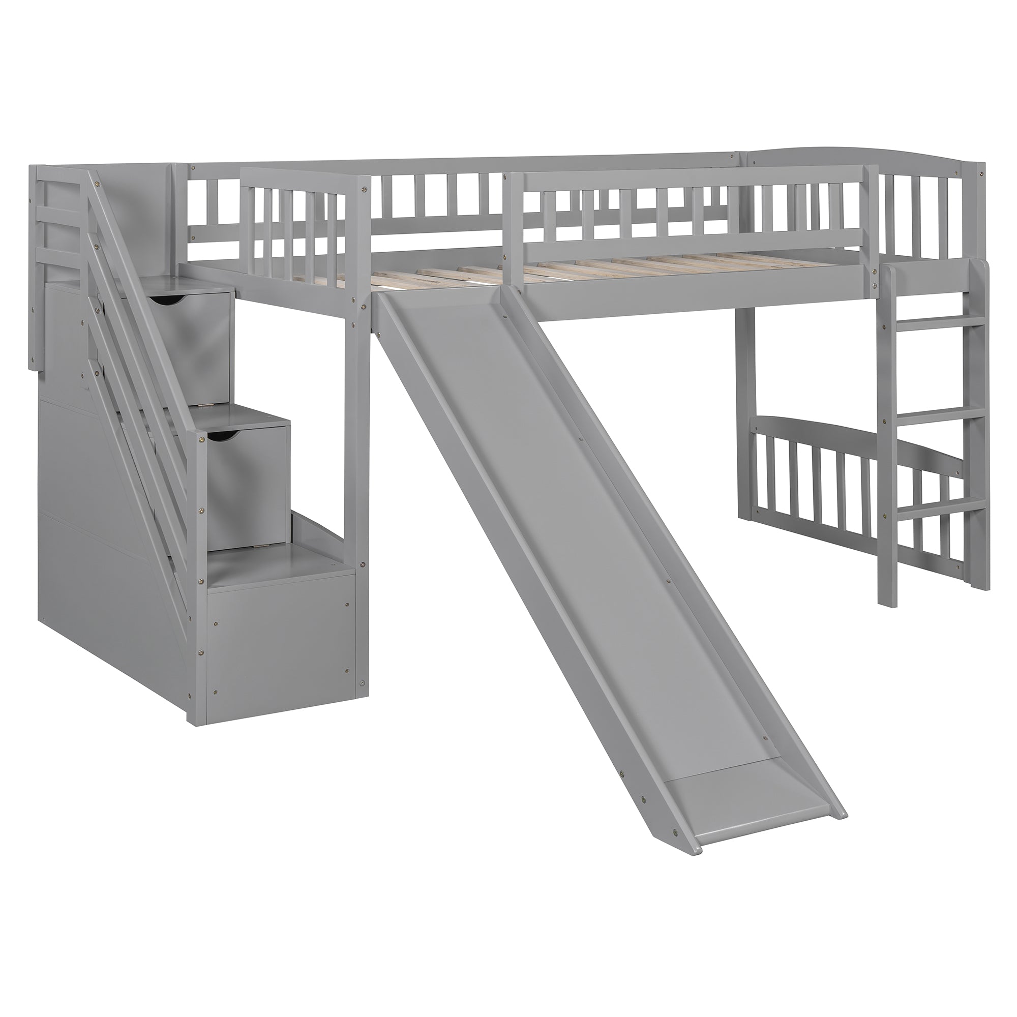 Stairway Twin Size Loft Bed with Two Drawers and Slide, Gray