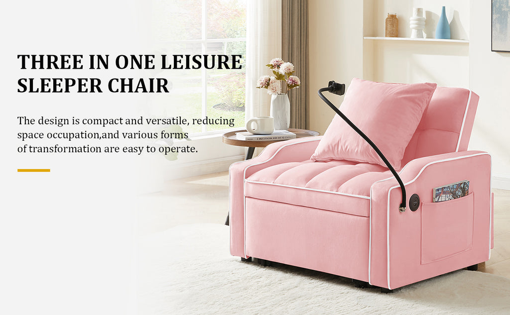3-in-1 Convertible Sleeper Chair, Pink Velvet with USB Charging