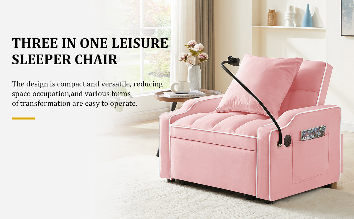 3-in-1 Convertible Sleeper Chair, Pink Velvet with USB Charging
