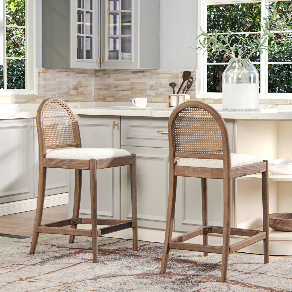 Panama 26.5" Curved Back Cane Rattan Counter Stool, Set of 2