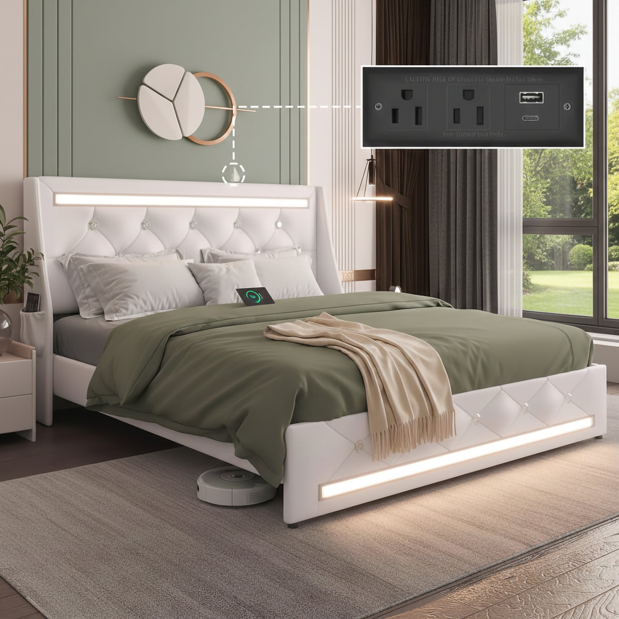 Queen Size Bed Frame with LED Lights and Charging Station
