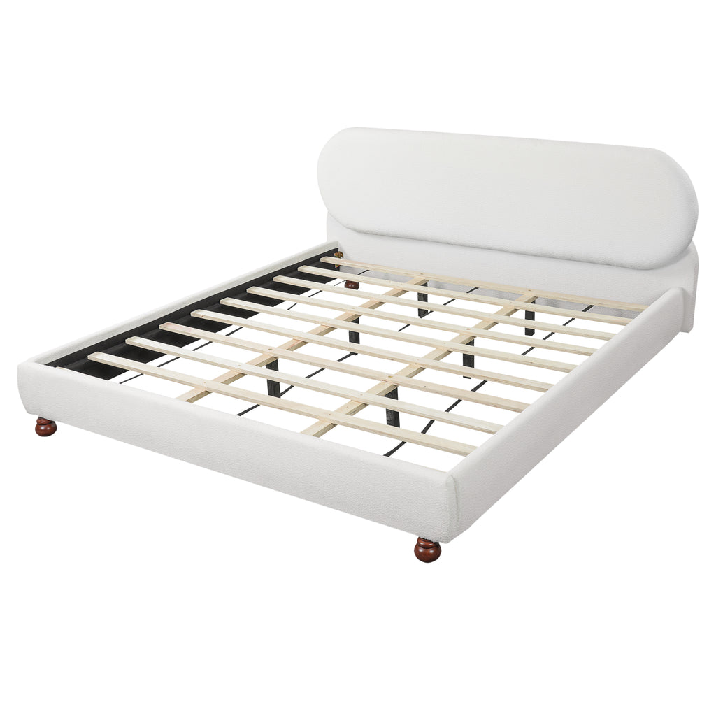 Cream-Colored Boucle Upholstered Bed with Rubber Wood Foot - King