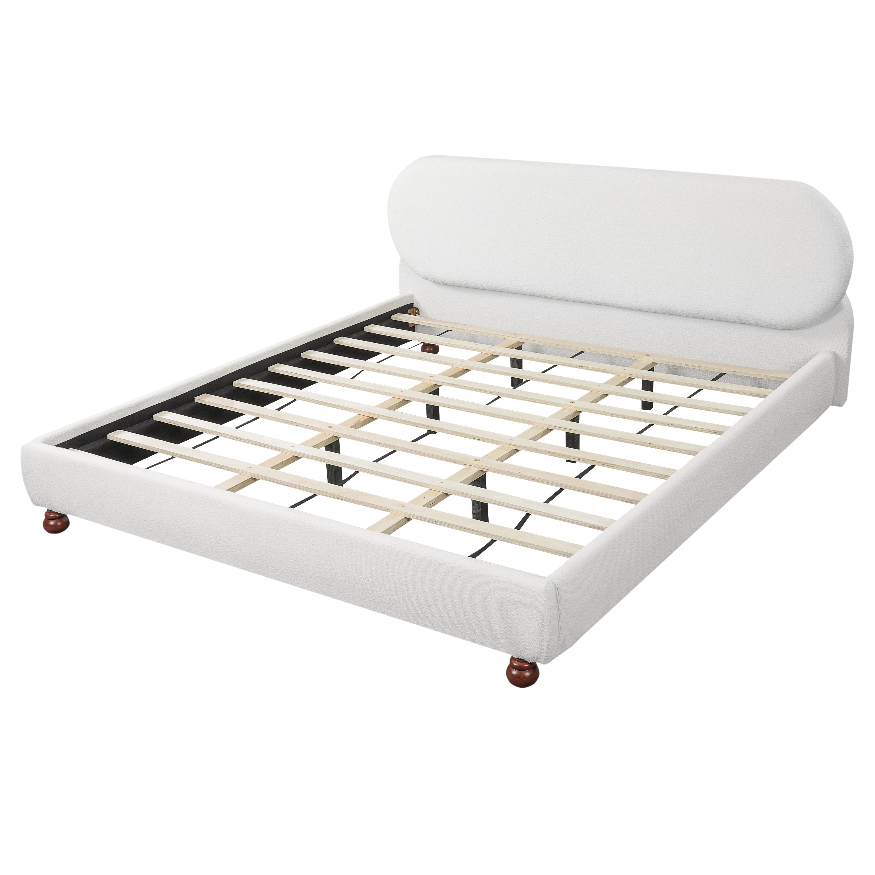 Cream-Colored Boucle Upholstered Bed with Rubber Wood Foot - King