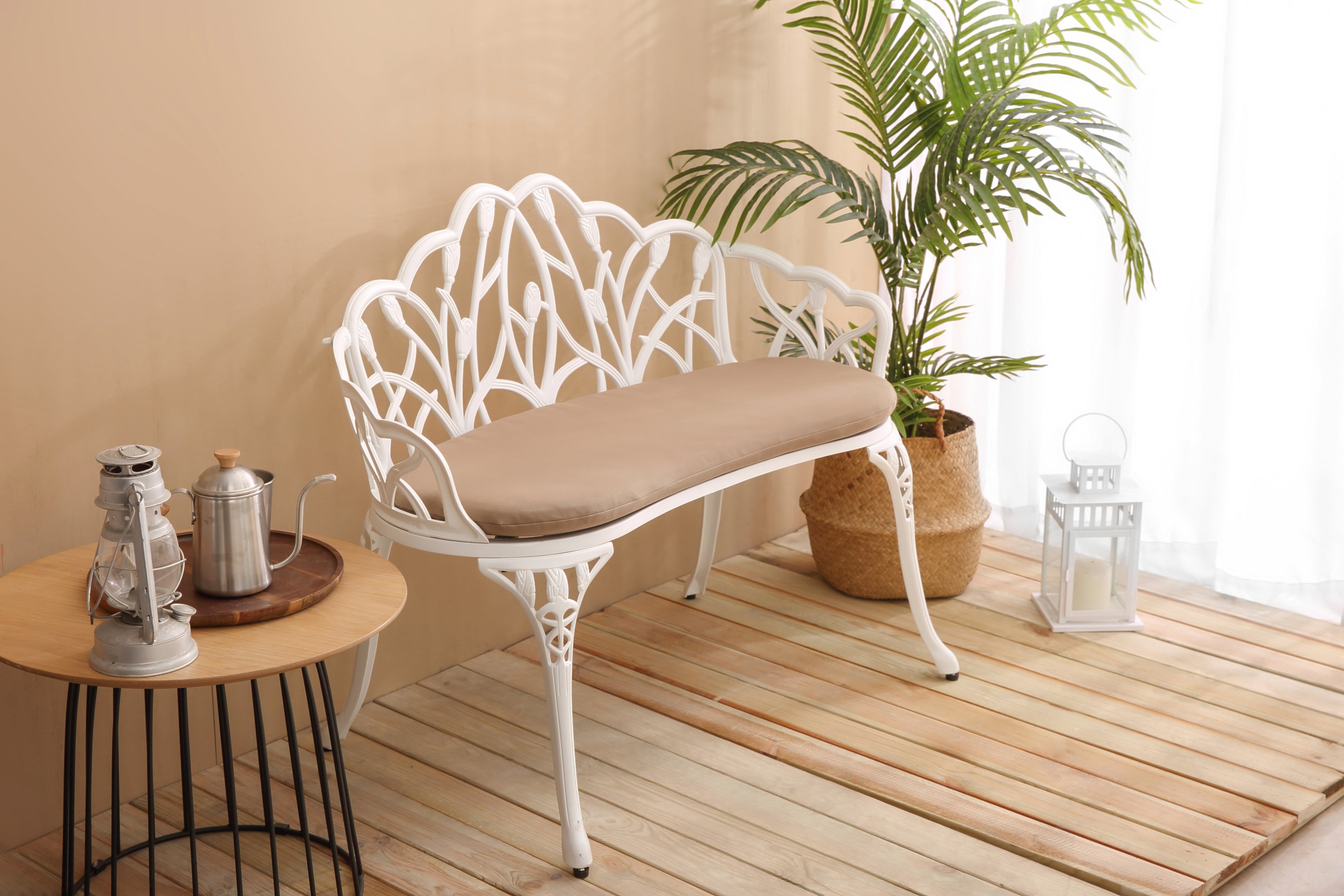 Tulip Patio Garden Bench - Cast Aluminum with Floral Backrest
